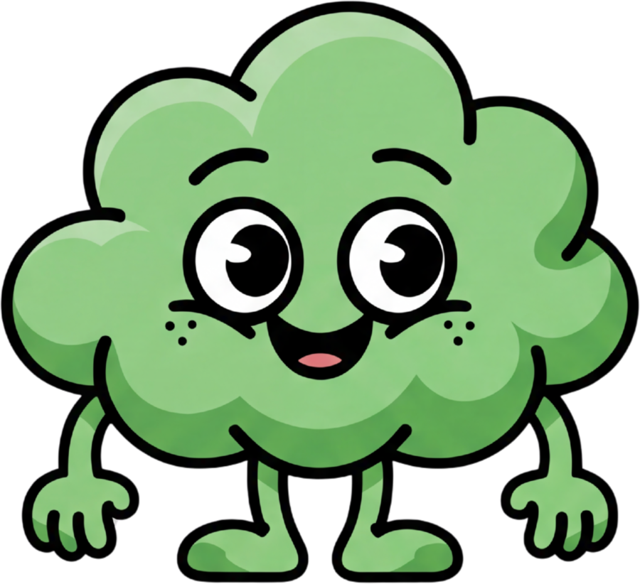 FARTKMM mascot, a round green gas cloud character
